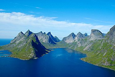 Rough mountains with fjord Kjerkfjorden Moskenesoya Lofoten Norway