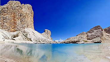 Antermoia glacier lake in the Catinaccio group, dolomites, Italy