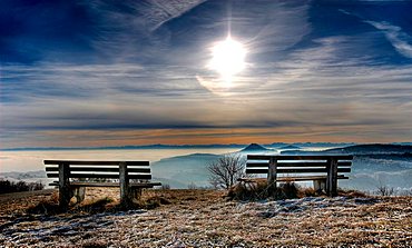 Benches, view of Hegau landscape, Hegau, Baden-Wuerttemberg, Germany, Europe