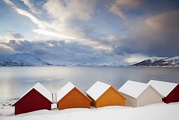 Wooden huts on the Nordfjord, TromsÃ¢Ë†Å¡Ã¢Ë†Â or Tromso, Norway, Europe