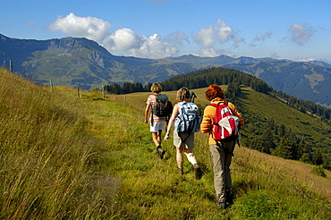 Three women are hiking on grass covered mountains Mont Joux Haute-Savoie France