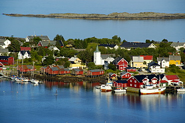 View from above on Reine with church Moskenesoya Lofoten Norway