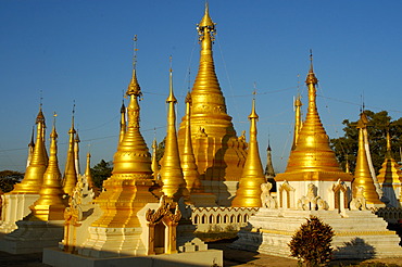 Nin-Ne Temajun Pagoda with golden stupas Pindaya Shan State Burma