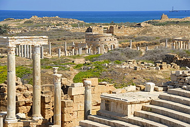 View from Roman theatre over the excavation site to market place Leptis Magna Libya