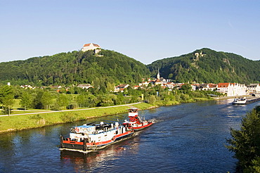 Town of Riedenburg with the Rosenburg castle above the Rhein Main Donau canal in the valley of the river AltmÃ¼hl Altmuehl