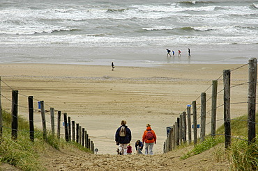 Family with children is walking through the dunes to the beach, Katwijk aan Zee, South Holland, Holland, The Netherlands