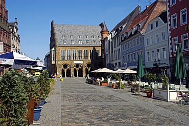 Market place with historical town hall, Minden, Teutoburg Forest, North Rhine-Westphalia, Germany