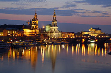 River Elbe historical buildings panorama at twilight Dresden Saxony Germany