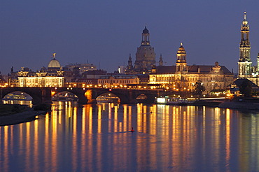 River Elbe panorama historical buildings at twilight Dresden Saxony Germany