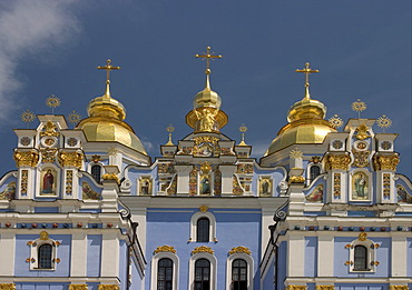 Ukraine Kiev golden domes from St. Michel Monastery golden domes and crosses shines in sunlight wall paintings Fresken with blue sky 2004