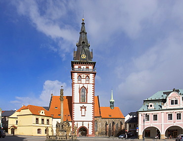 Holy Trinity Column and the City Tower in Chomutov, North Bohemia, Czech Republic, Europe