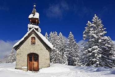 Snowy chapel in Traunstein, Bavaria, Germany, Europe