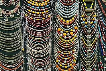 Silver necklaces at a souvenir shop in the bazaar of SanaÂ´a, Yemen