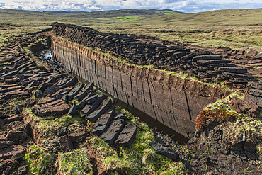 Cut peat on a peat bog, Yell, Shetland Islands, Scotland, United Kingdom, Europe