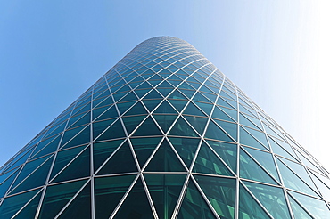 High-rise building, Westhafen Tower, nicknamed Apple Wine Tower after the shape of a typical Frankfurtian cider glass, detail of the glass facade, Frankfurt am Main, Hesse, Germany, Europe