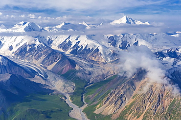 Aerial view over the Central Tian Shan Mountain range, Border of Kyrgyzstan and China, Kyrgyzstan, Asia