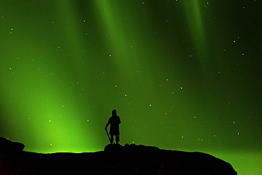 Northern lights, in front Leif Erikson statue, Brattahlid, South Greenland, Greenland, North America