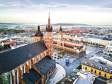 View over town with historic market square, Krakow, Poland, Europe (Drone)