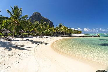 Beach with palm trees, mountain Le Morne Brabant in the background, peninsula Le Morne, Black River, Mauritius, Africa