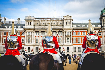 The Royal Guards in red uniform on horses, The Life Guards, Household Cavalry Mounted Regiment, parade ground Horse Guards Parade, Changing of the Guard, Old Admiralty Building, Whitehall, Westminster, London, England, United Kingdom, Europe