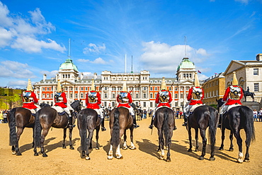 The Royal Guards in red uniform on horses, The Life Guards, Household Cavalry Mounted Regiment, parade ground Horse Guards Parade, Changing of the Guard, Old Admiralty Building, Whitehall, Westminster, London, England, United Kingdom, Europe