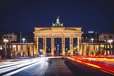 Brandenburg Gate with traces of light, illuminated at night, Berlin-Mitte, Berlin, Germany, Europe