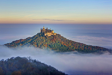 View from Zeller Horn onto Hohenzollern Castle above cloud cover, autumn, Albstadt, Baden-Württemberg, Germany, Europe