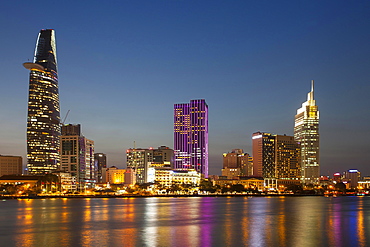 Skyline Saigon, downtown with Bitexo Tower, District 1, Dusk, Ho Chi Minh City, Vietnam, Asia