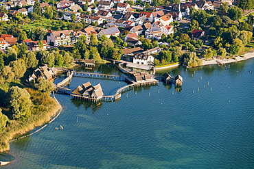 Aerial view of stilt houses, village of Unteruhldingen, Uhldingen Muhlhofen, Lake Constance, Baden-Württemberg, Germany, Europe