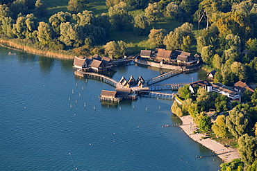 Aerial view of stilt houses, village of Unteruhldingen, Uhldingen Muhlhofen, Lake Constance, Baden-Württemberg, Germany, Europe