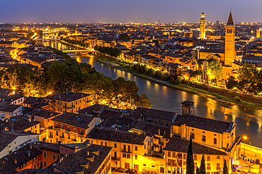 View at dusk from the hill of San Pietro to the old town, river Adige with Roman bridge Ponte Pietra, Verona, Veneto, Italy, Europe