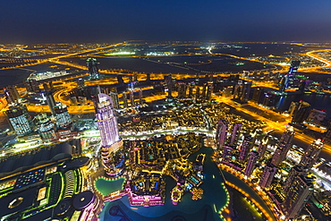 View from Burj Khalifa observation deck, Dubai Fountain, The Address Downtown Burj, Dubai Mall and Souk Al Bahar, night, Downtown Dubai, United Arab Emirates, Asia