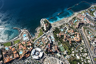 Seaside resort with beach and promenade by the sea, Playa del Duque, townscape with hotels and shopping malls, tourist area, south coast, Costa Adeje, Tenerife, Spain, Europe