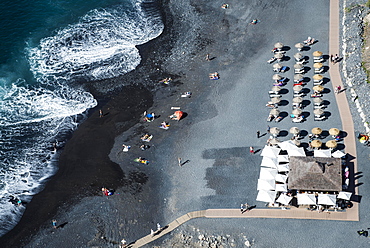 Aerial view, beach with black sand, sun loungers and parasols, Playa de La Enramada, Atlantic Coast, South Coast, Costa Adeje, Tenerife, Spain, Europe