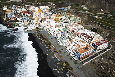 Surf on black lava beach, boardwalk, Puerto Naos, La Palma, Canary Islands, Spain, Europe