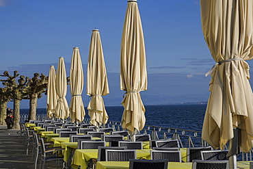 Parasols at lakeside Meersburg, Baden-Wuerttemberg, Germany, Europe