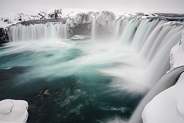 Góðafoss Waterfall, waterfall of the Gods, Godafoss in winter with snow and ice, Northwestern Region, North Iceland, Iceland, Europe