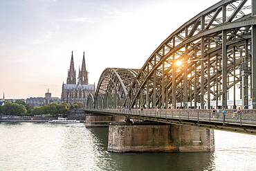 Cityscape with Hohenzollern Bridge and Cathedral, Cologne, Germany, Europe