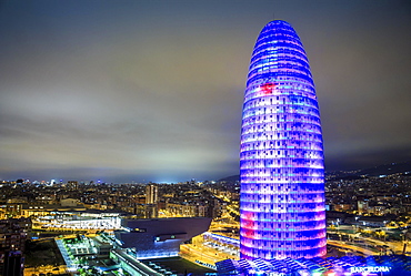 City view with illuminated Agbar Tower at night, Barcelona, Catalonia, Spain, Europe