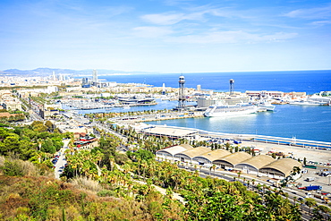 Cityview with harbour, viewed from Castle hill, Barcelona, Catalonia, Spain, Europe