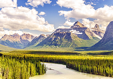 Landscape of Rockies mountain and Athabasca river, Jasper National Park, Alberta, Canada, North America