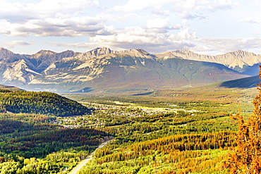 View of Jasper with mountains in autumn, Jasper National Park, Alberta, Canada, North America