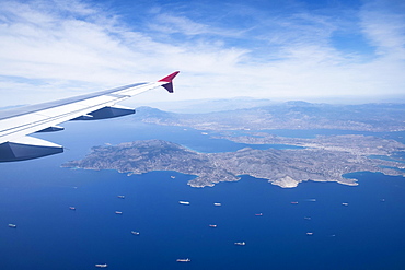 View from aircraft, Greek islands, approaching Athens, Greece, Europe