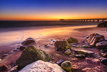 Beach at a former pier, jetty at sunset, Atlantic, Swakopmund, Erongo Region, Namibia, Africa