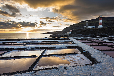 Salinas of Fuencaliente with lighthouse Faro de Fuencaliente at sunset, Fuencaliente, La Palma, Canary Islands, Spain, Europe