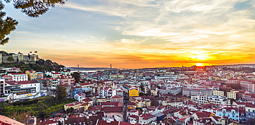 View across Lisbon, Sao Jorge Castle, sunset, Graca viewpoint, Lisbon, Portugal, Europe