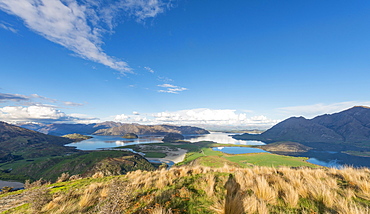 View on Lake Wanaka and mountains, Rocky Peak, Glendhu Bay, Otago, Southland, New Zealand, Oceania