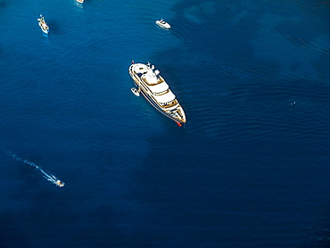 Aerial photograph, luxury yacht in blue ocean, close to Port d'Andratx, Mallorca, Balearic Islands, Spain, Europe