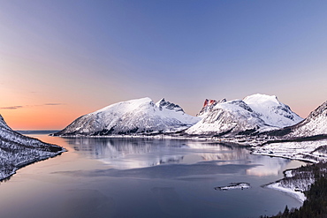 View of fjord in evening atmosphere, Senja Island, Troms, Norway, Europe