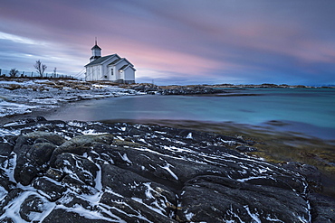 Gimsoykirke, Gimsoy church at dusk, Gimsoykirke, Gimsoy, Lofoten, Norway, Europe